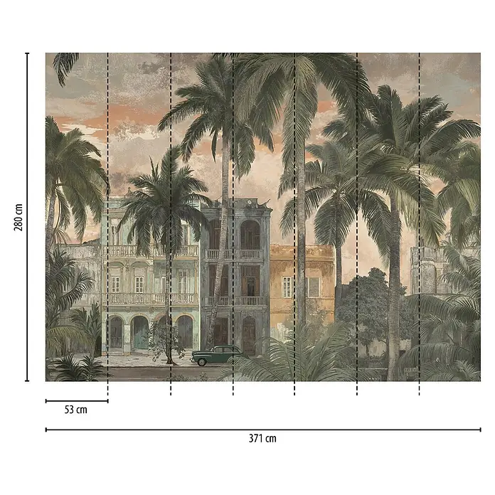 A.S. Création Cuba 2 Fototapete Palmen II - B x H: 3,71 x 2,8 m, Vlies - Mehrteiliges Wandbild (280x371 cm) mit tropischer Szene aus Palmen und alten Gebäuden im Vintage-Stil.