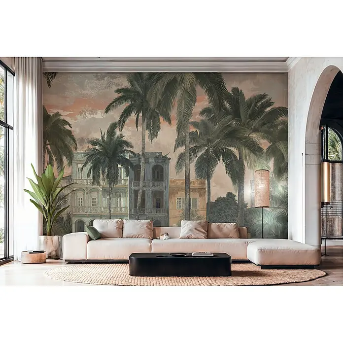 A.S. Création Cuba 2 Fototapete Palmen II - B x H: 3,71 x 2,8 m, Vlies - Ein geräumiges, helles Ecksofa mit dunklem Couchtisch in einem modernen Wohnzimmer.