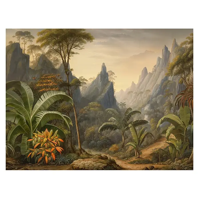 A.S. Création Cuba 2 Fototapete Natur - B x H: 3,71 x 2,8 m, Vlies - Üppiges tropisches Tal mit zerklüfteten Bergen, Bananenstauden und exotischem Laub unter einem warmen, diesigen Himmel.