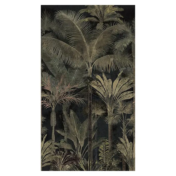 A.S. Création Cuba 2 Fototapete Palme I - B x H: 1,59 x 2,8 m, Vlies, Schwarz-Grün - Dekorative Tapete mit goldenem und grünem Line-Art-Tropenlaub auf dunklem, strukturiertem Hintergrund.