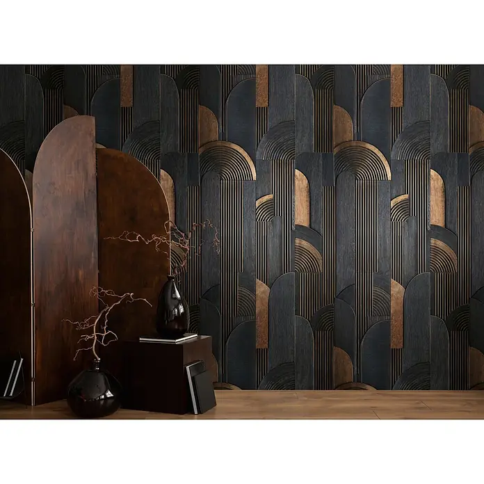 A.S. Création Metropolitan Stories Vibes & Styles Fototapete Artdeco III - B x H: 1,59 x 2,8 m, Vlies - Dekorative Wandpaneele mit dunklem Holz und metallischen Bronze-Bogenmustern.