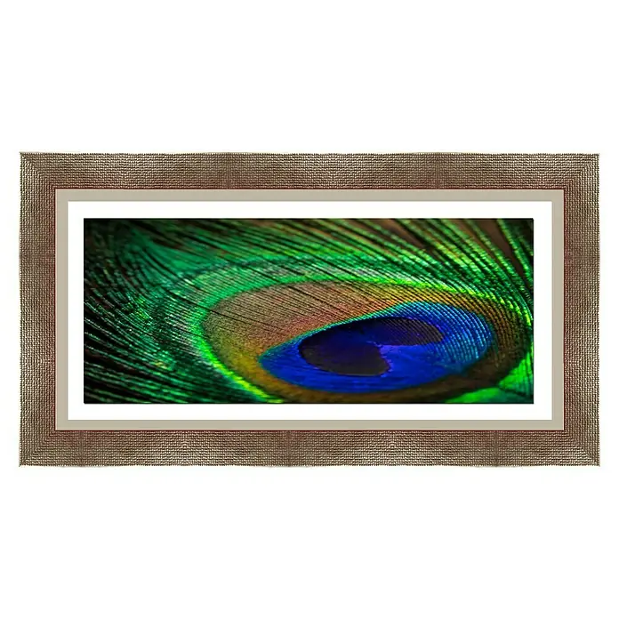 Cuadro - Plumas, An x Al: 129 x 70 cm - Imagen enmarcada de una pluma de pavo real iridiscente con tonos de azul, verde y dorado. Los detalles finos son visibles.