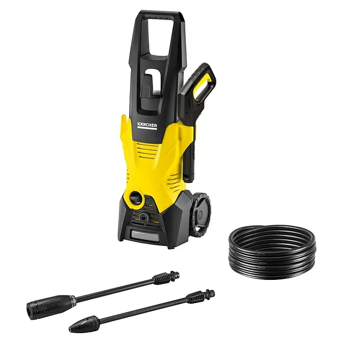 Kärcher Hidrolimpiadora de alta presión K3 - 120 bar, 1.600 W, Capacidad de bombeo: 380 l/h - Hidrolimpiadora Kärcher amarilla y negra con manguera enrollada y dos lanzas pulverizadoras negras.