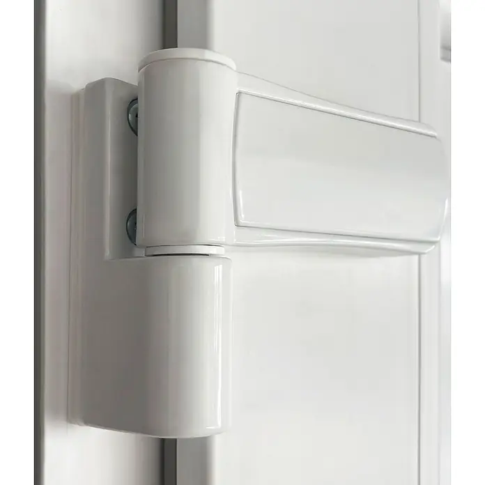 Solid Elements Haustür KT-02 - 100 x 210 cm, DIN Anschlag: Rechts, Weiß - Nahaufnahme eines weißen Türbands, das seine zwei zylindrischen Teile verbunden zeigt.