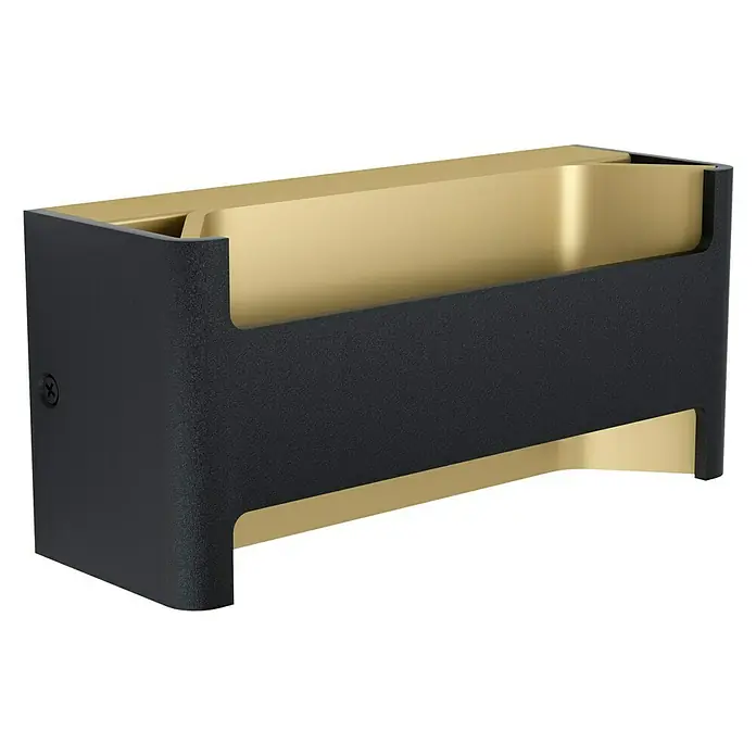 Eglo LED-Wandleuchte Feloniche - 10 W, L x B x H: 22 x 7,5 x 10 cm, Schwarz/Gold - Nahaufnahme einer modernen, rechteckigen Wandleuchte in Schwarz und Gold, die ein stilvolles Design und hochwertige Verarbeitung zeigt.