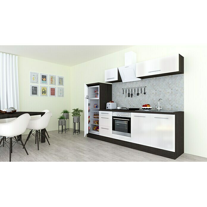 Respekta Premium Composición de cocina (Ancho: 270 cm, Con dispositivos eléctricos, Blanco de alto brillo)
