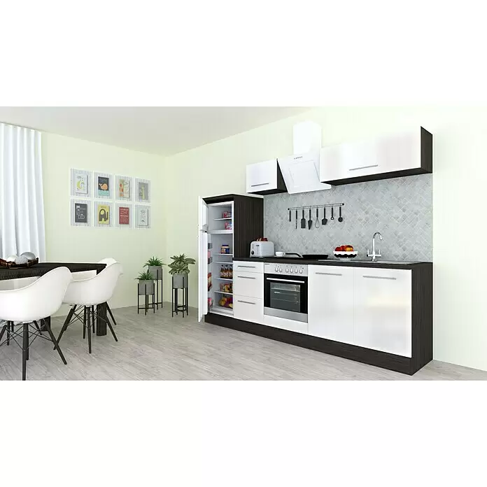 Respekta Premium Composición de cocina Amanda Alto - Ancho: 270 cm, Roble/Blanco, Con electrodomésticos - Cocina moderna con armarios de veta de madera oscura y blancos, electrodomésticos integrados y un comedor con mesa oscura y sillas blancas.