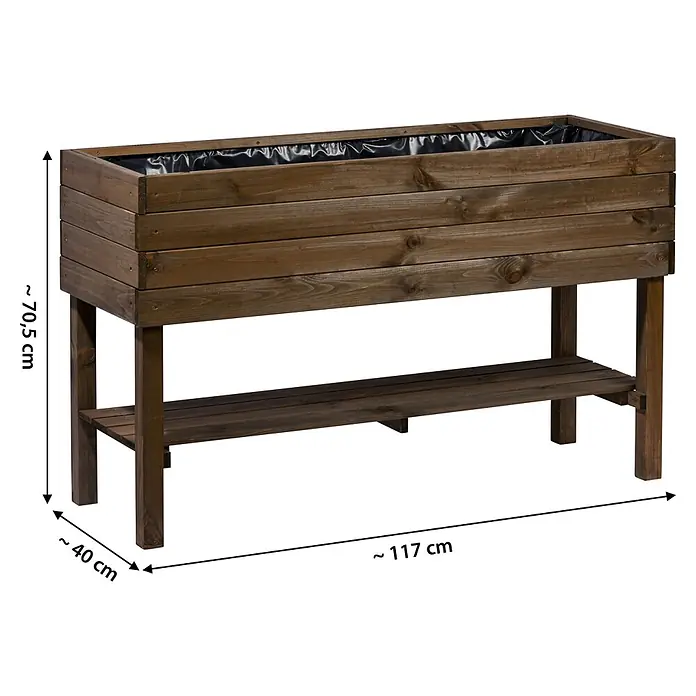Dobar Hochbeet - 117 x 40 x 70,5 cm, Holz, Braun - Dunkelbraunes Hochbeet aus Holz mit schwarzer Folie und unterer Ablage, ca. 70,5x117x40 cm.