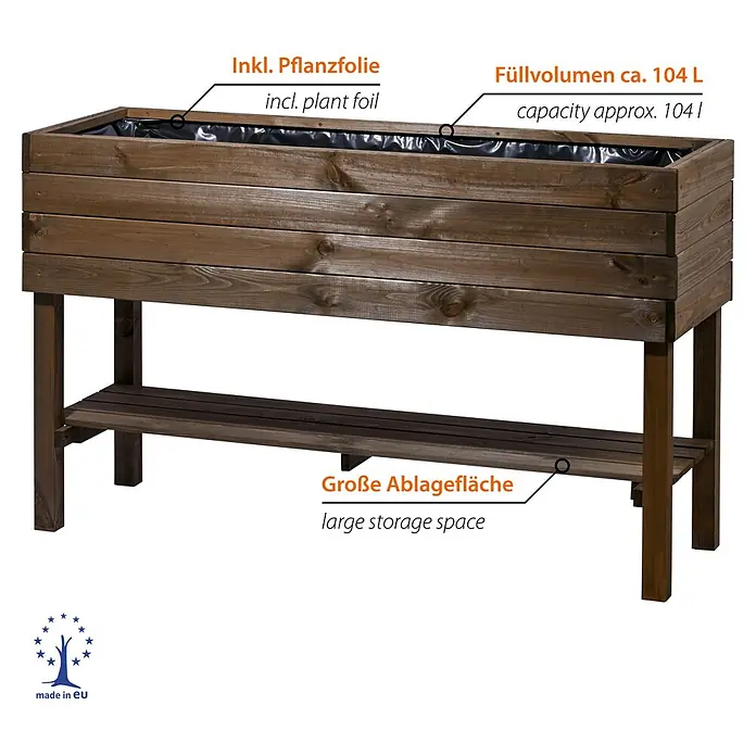 Dobar Hochbeet - 117 x 40 x 70,5 cm, Holz, Braun - Dunkelbraunes Hochbeet aus Holz mit Pflanzfolie und unterer Ablagefläche, ca. 104 L Füllvolumen.