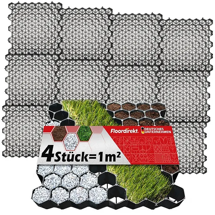 Floordirekt Rasengitterstein Schwarz - 4er Set - 50 x 50 cm - Paddockplatte - Schwarz, 50 x 50 x 3,8 cm, Kunststoff