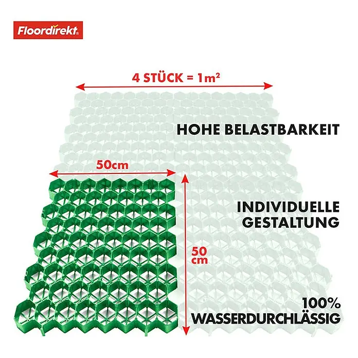 Floordirekt Rasengitterstein Grün - 4er Set - 50 x 50 cm - Paddockplatte - Grün, 50 x 50 x 3,8 cm, Kunststoff