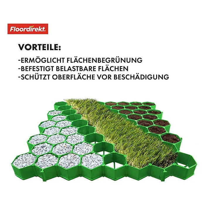 Floordirekt Rasengitterstein Grün - 4er Set - 50 x 50 cm - Paddockplatte - Grün, 50 x 50 x 3,8 cm, Kunststoff