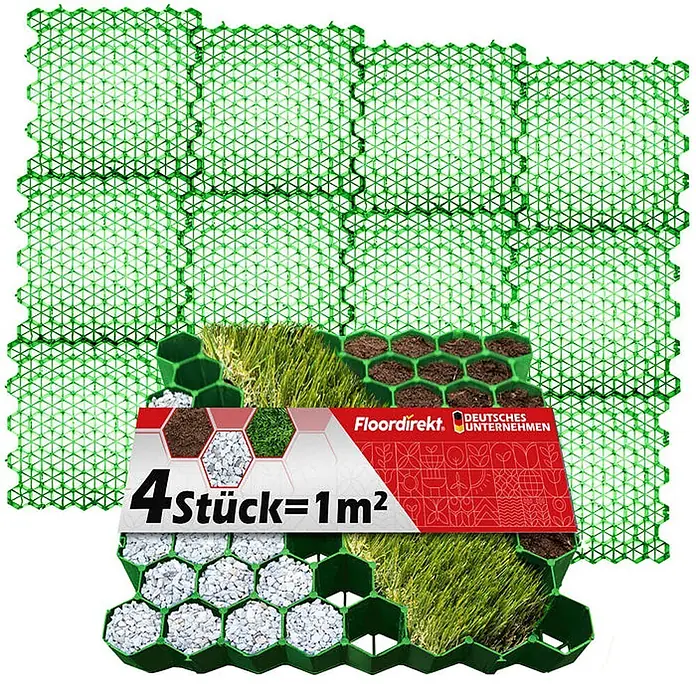 Floordirekt Rasengitterstein Grün - 4er Set - 50 x 50 cm - Paddockplatte - Grün, 50 x 50 x 3,8 cm, Kunststoff