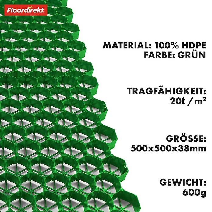 Floordirekt Rasengitterstein Grün - 4er Set - 50 x 50 cm - Paddockplatte - Grün, 50 x 50 x 3,8 cm, Kunststoff
