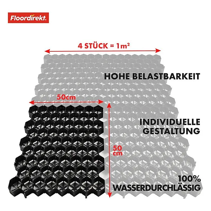 Floordirekt Rasengitterstein Schwarz - 50 x 50 cm - Paddockplatte - Schwarz, 50 x 50 x 3,8 cm, Kunststoff