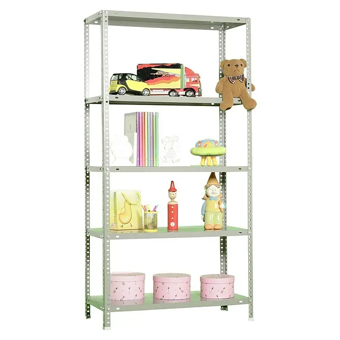 Simonrack Simonclassic Estantería metálica Comfort Plus - Al x An x Pr: 200 x 100 x 40 cm, Capacidad de carga por balda: 100 kg, Número de baldas: 5 ud., Atornillado, Gris - Estantería gris llena de juguetes como coches, un oso de peluche, libros, decoraciones, una bolsa y cajas redondas.