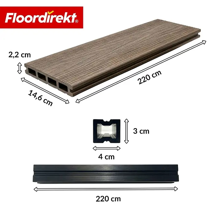 Floordirekt Terrassenfliese Crown - 2 m² Komplettset - 14,6 cm x 220 cm x 22 mm, Braun
