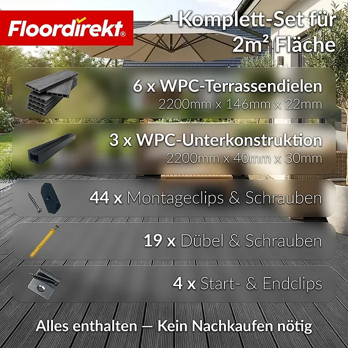 Floordirekt Terrassenfliese Crown - 2 m² Komplettset - 14,6 cm x 220 cm x 22 mm, Grau