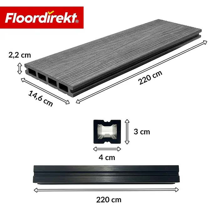 Floordirekt Terrassenfliese Crown - 2 m² Komplettset - 14,6 cm x 220 cm x 22 mm, Grau