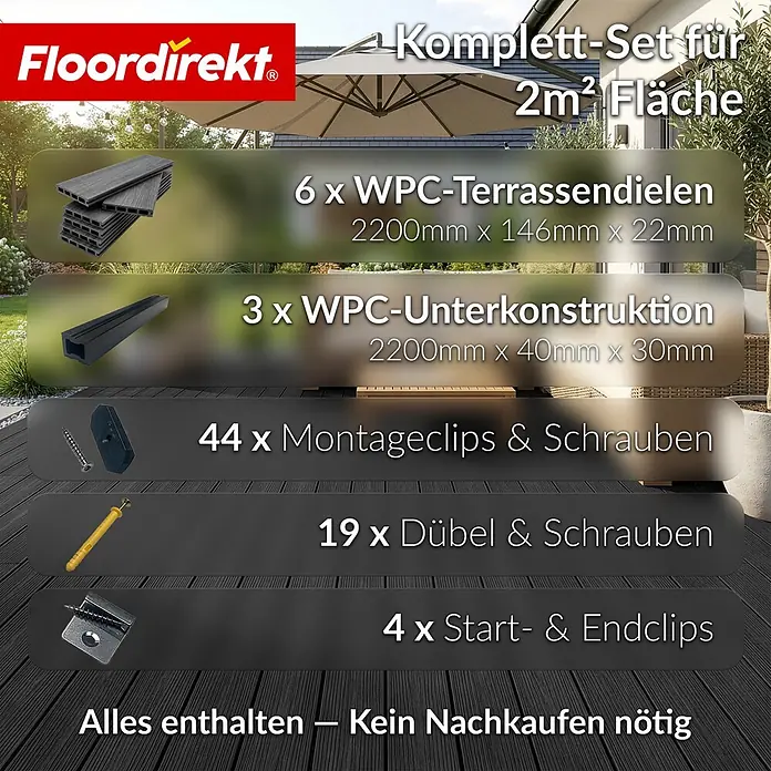 Floordirekt Terrassenfliese Crown - 2 m² Komplettset - 14,6 cm x 220 cm x 22 mm, Schwarz