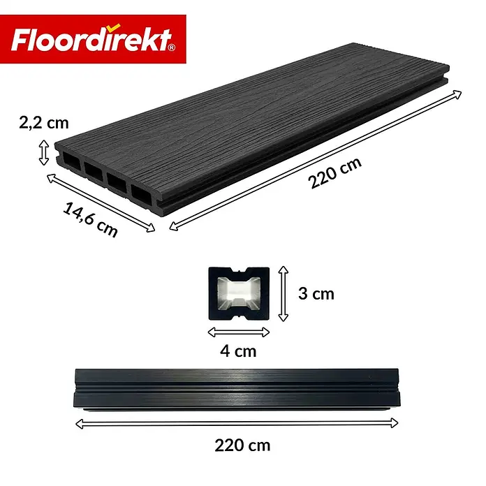 Floordirekt Terrassenfliese Crown - 2 m² Komplettset - 14,6 cm x 220 cm x 22 mm, Schwarz