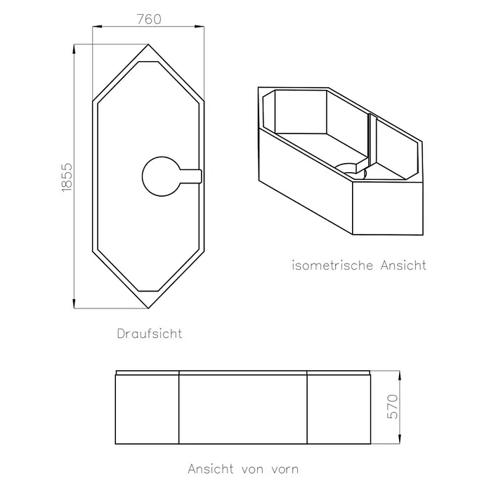 Ottofond Wannenträger Rochelle - Passend für: Ottofond Badewanne Rochelle 190 x 80 cm - Technische Zeichnung einer Badewanne mit Maßen und Ansichten.