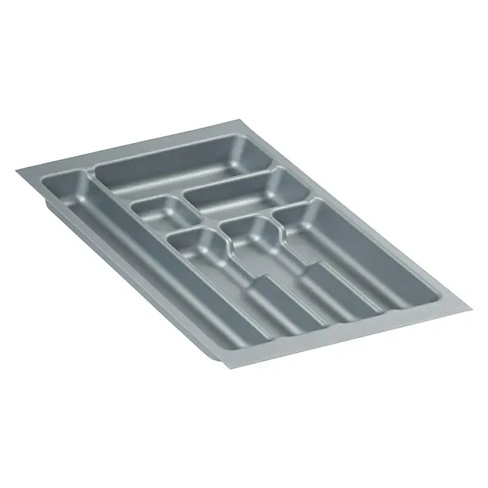 Cubertero 450 - L x An x Al: 47,3 x 35,9 x 5,3 cm, Gris - Una bandeja para cubiertos plateada con compartimentos para cuchillos, tenedores y cucharas, ideal para la organización de la cocina.