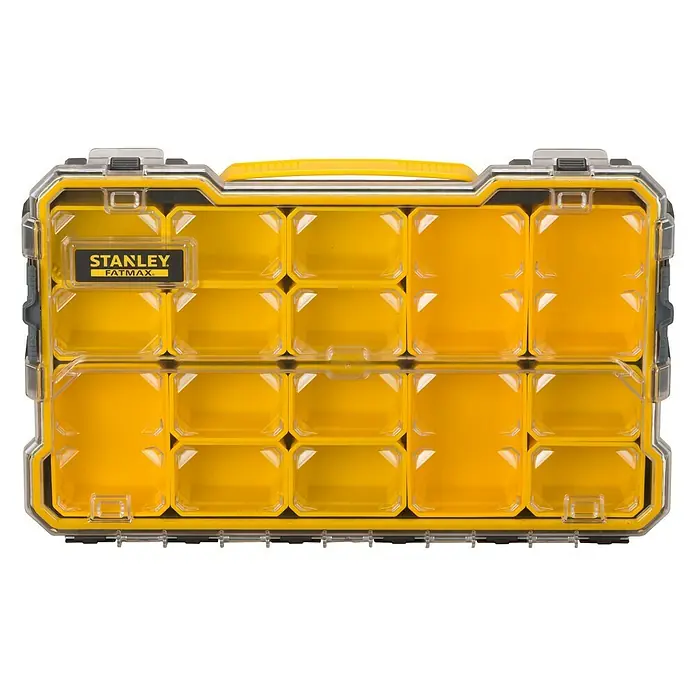Stanley FatMax Kleinteilekoffer - Anzahl Fächer: 14 Stk. - Stanley Fatmax Sortierkasten mit transparentem Deckel und gelben Fächern zur Aufbewahrung von Kleinteilen.