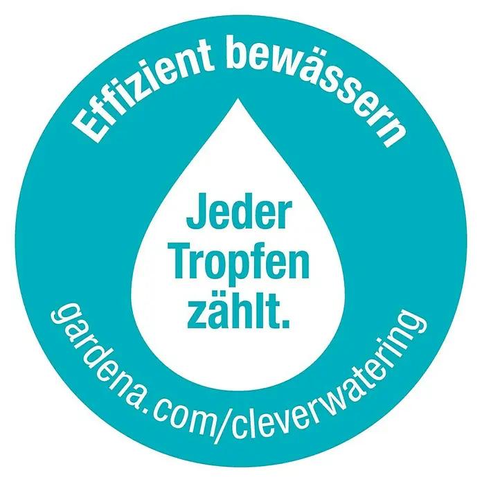 Gardena Bewässerungssteuerung AquaBloomSolarbetrieben - Effizientes Bewässerungssymbol. Jeder Tropfen zählt für Gardena Clever Watering Lösungen, mit sparsamer Wasser Nutzung.