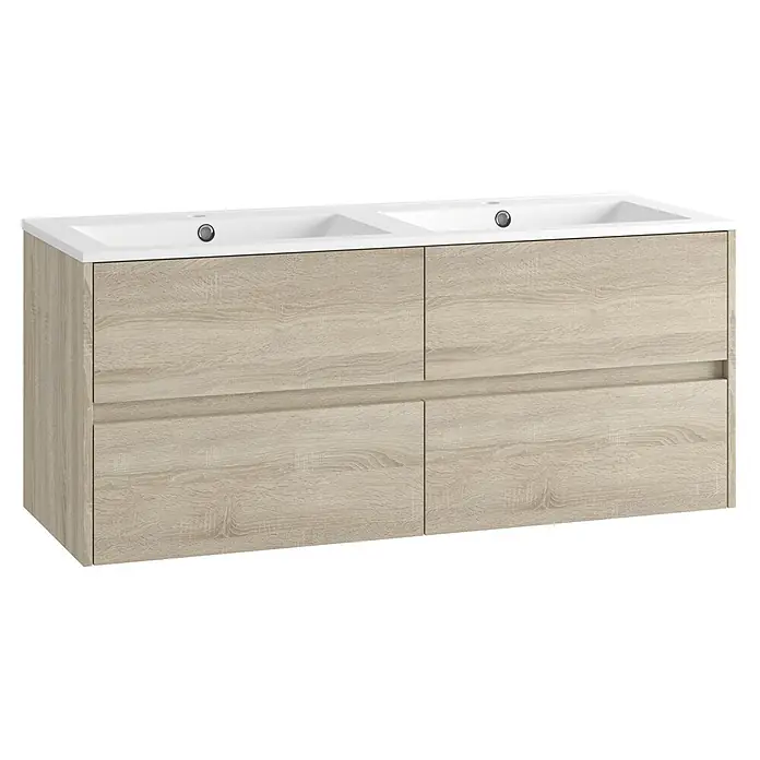 Mueble bajo de lavabo Ten - An x Pr x Al: 120 x 45 x 60 cm, Roble bardolino - Mueble de baño doble efecto madera clara con lavabos blancos y cuatro cajones.