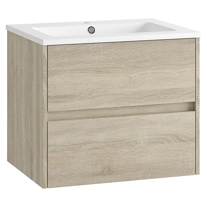 Mueble bajo de lavabo Ten - An x Pr x Al: 60 x 45 x 60 cm, Roble bardolino - Lavabo cerámico blanco integrado en un mueble de baño efecto roble claro con dos cajones.