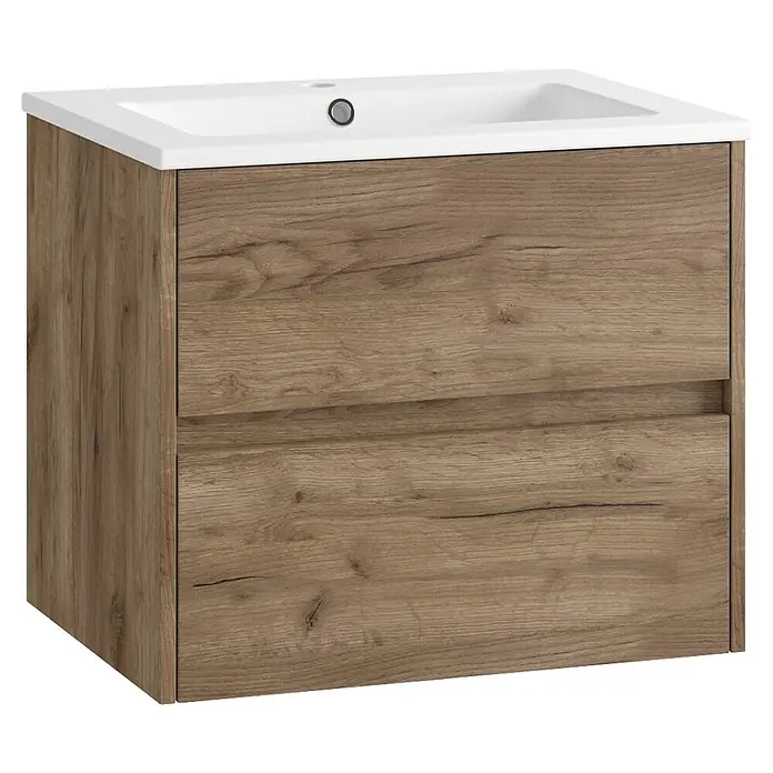 Mueble bajo de lavabo Ten - An x Pr x Al: 60 x 45 x 60 cm, Tabaco - Mueble de lavabo efecto madera clara con lavabo cerámico blanco y dos cajones.