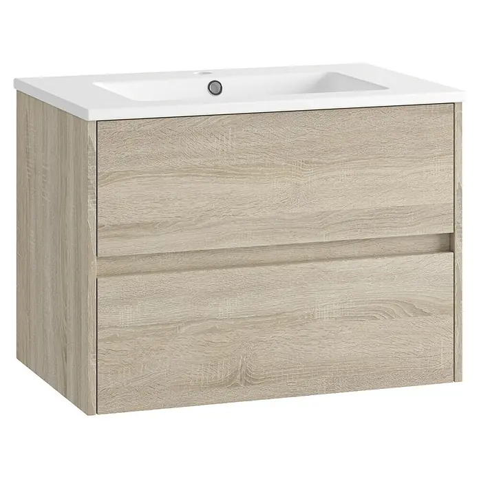 Mueble bajo de lavabo Ten - An x Pr x Al: 70 x 45 x 60 cm, Roble bardolino - Mueble de baño de madera clara con lavabo blanco integrado y dos cajones.