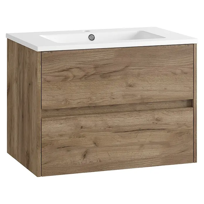 Mueble bajo de lavabo Ten - An x Pr x Al: 70 x 45 x 60 cm, Tabaco - Mueble de baño de madera con dos cajones y lavabo cerámico blanco integrado.
