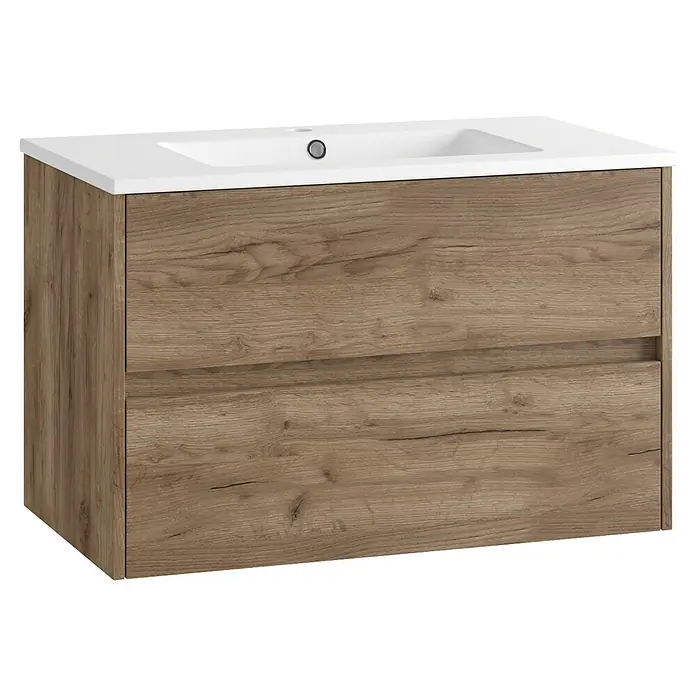 Mueble bajo de lavabo Ten - An x Pr x Al: 80 x 45 x 60 cm, Tabaco - Mueble de baño con lavabo blanco y armario de madera clara con dos cajones.