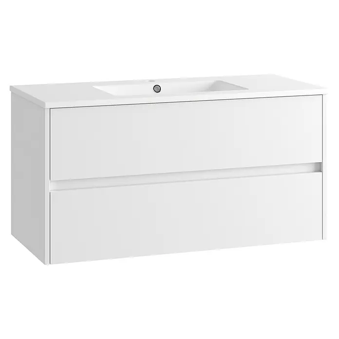 Mueble bajo de lavabo Ten - An x Pr x Al: 100 x 45 x 60 cm, Blanco - Mueble de baño moderno blanco con lavabo integrado y dos cajones sin tiradores.