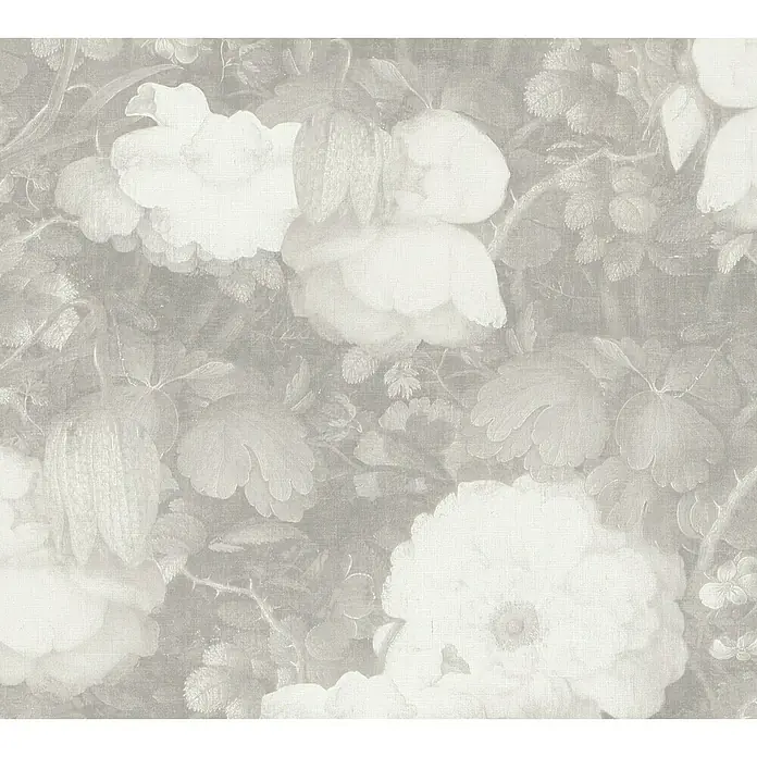 A.S. Création Metropolitan Stories Vliestapete Aquarell-Blume - Grau/Creme, Floral, 10,05 x 0,53 m - Nahaufnahme einer eleganten Tapete mit floralem Muster in sanften Grautönen, die eine ruhige und stilvolle Atmosphäre schafft.