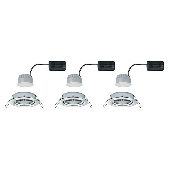 Paulmann Nova LED-Einbauleuchten-Set - 6,5 W, 3 Stk., Warmweiß, 8,4 cm, Chrom - Drei LED-Einbaustrahler-Sets mit chromfarbenen Blenden, grauen Gehäusen und schwarzen Anschlussboxen, ideal für moderne Beleuchtungslösungen.