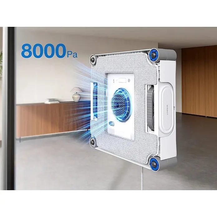 Ecovacs Fensterreinigungsroboter Winbot W2S OMNI - Wassertankvolumen Roboter: 80 ml, Akkulaufzeit: 110 min - Weißer Fensterputzroboter mit grauen Pads und blauen Akzenten, haftet mit 8000Pa Saugkraft am Fenster.