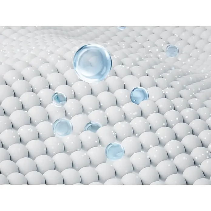 Ecovacs Fensterreinigungsroboter Winbot W2S OMNI - Wassertankvolumen Roboter: 80 ml, Akkulaufzeit: 110 min - Weiße kugelförmige Oberfläche mit blauen Feuchtigkeitstropfen und funkelnden Elementen.