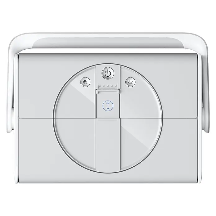 Ecovacs Fensterreinigungsroboter Winbot W2S OMNI - Wassertankvolumen Roboter: 80 ml, Akkulaufzeit: 110 min - Weißes tragbares Gerät mit kreisförmigem Bedienfeld oben, Power-Taste, Moduswahl und Kontrollleuchten.