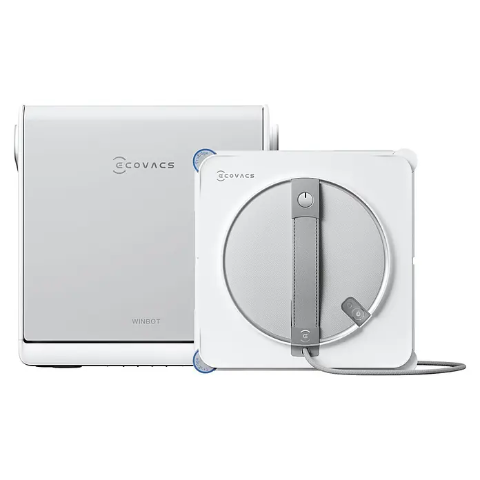 Ecovacs Fensterreinigungsroboter Winbot W2S OMNI - Wassertankvolumen Roboter: 80 ml, Akkulaufzeit: 110 min - Zwei weiße Ecovacs Winbot Geräte: eine Basisstation und ein quadratischer Fensterreinigungsroboter mit rundem Pad und grauem Gurt.