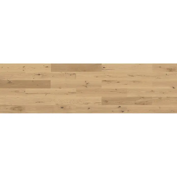 Barlinek Parkett - Eiche weiß geschliffen, Landhausdiele, 1.092 x 180 x 14 mm - Helle braune Holzdielen mit natürlicher Maserung und Ästen.