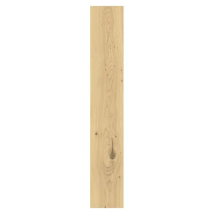Barlinek Parkett - Eiche weiß geschliffen, Landhausdiele, 1.092 x 180 x 14 mm - Helle Holzdiele mit ausgeprägter Maserung und mehreren kleinen Ästen, darunter ein größerer Ast mit dunklem Riss.