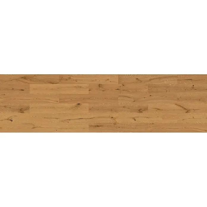 Barlinek Parkett - Eiche leichtbraun gebürstet, Landhausdiele, 1.092 x 180 x 14 mm - Hellbrauner Eichenholzfußboden mit natürlicher Maserung und sichtbaren Ästen, in horizontalen Dielen verlegt.