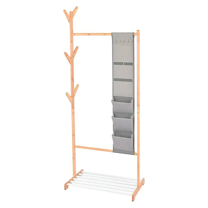 Perchero de pie con organizador colgante - L x An x Al: 38 x 65 x 167 cm, Número de ganchos: 6, Bambú/blanco - Perchero de madera con ganchos y compartimentos para guardar ropa y accesorios con estilo. Práctico y decorativo.