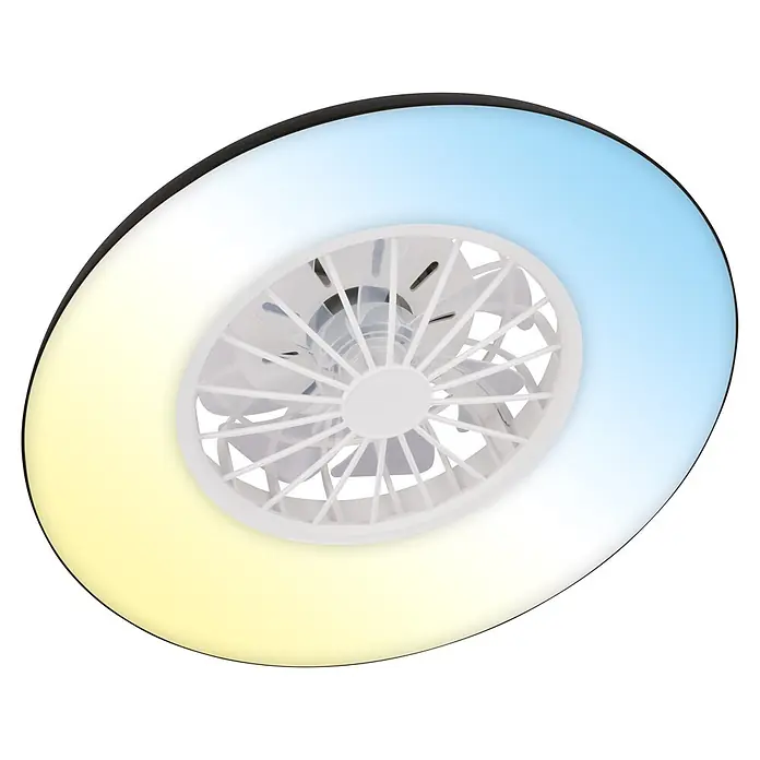 Briloner Ventilador de techo Windora - Blanco/Negro, 24 W, 48,5 cm, Blanco frío - Lámpara de techo LED redonda con ventilador integrado y banda de luz con gradiente de color amarillo-azul.