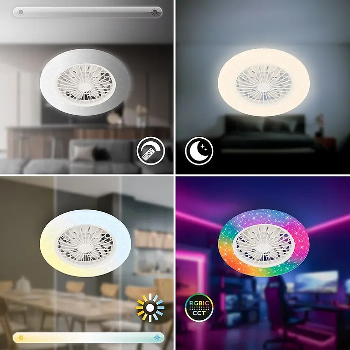 Briloner Ventilador de techo Tuuletin - Blanco, 48 W, 48,5 cm, Cielo estrellado - Ventilador de techo redondo blanco con luz LED integrada brillante, regulable, CCT y RGB, mostrado en varios ambientes.