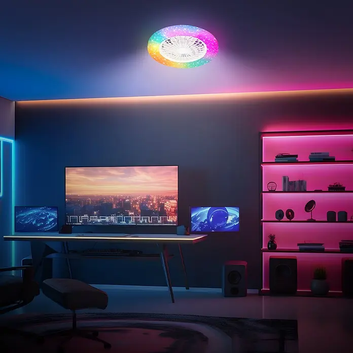 Briloner Ventilador de techo Tuuletin - Blanco, 48 W, 48,5 cm, Cielo estrellado - Ventilador de techo LED colorido montado en el techo de una habitación moderna con iluminación ambiental, que proporciona luz y aire.