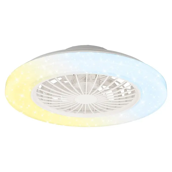 Briloner Ventilador de techo Tuuletin - Blanco, 48 W, 48,5 cm, Cielo estrellado - Ventilador de techo blanco con banda de luz integrada que muestra un degradado de amarillo a azul y efectos brillantes.